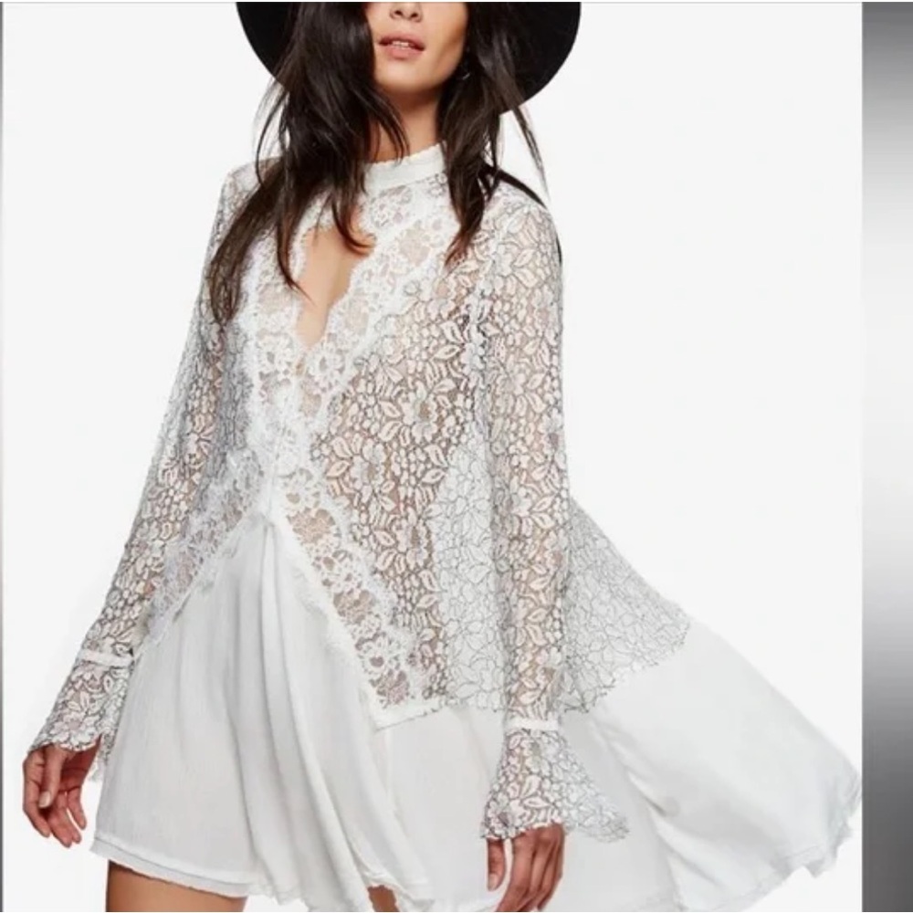 Free People Tell Tale Lace Tunic Mini Dress Ivory Black XS Boho Lace​